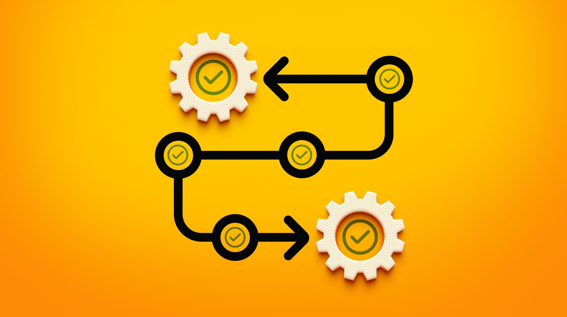 3D Curved Arrow with Focus Circles and Check Marks, Surrounded by Gears, Representing Process Flow and Approval